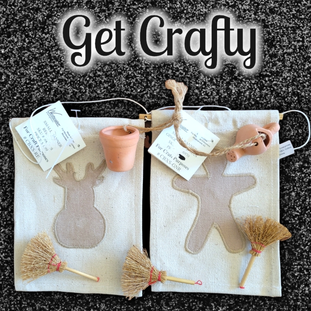 Vtg Craft Supplies 3 Brooms 2 Burlap Wall 1 Garden Pottery Pot & Sprinkler Can